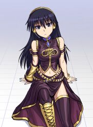  1girl absurdres azumanga_daioh bare_shoulders black_dress black_eyes black_hair blue_nails boots breasts brown_thighhighs chest_jewel closed_mouth cosplay detached_sleeves dress expressionless full_body gold_boots hair_between_eyes hands_on_floor headset highres infinity_symbol instrument knee_boots lace-up_boots loberbutcher long_dress long_hair long_skirt long_sleeves looking_at_viewer medium_breasts megurine_luka megurine_luka_(cosplay) navel on_floor sakaki_(azumanga_daioh) side_slit simple_background single_detached_sleeve skirt sleeveless solo thigh-highs tile_floor tiles trumpet valve vocaloid white_background yellow_sleeves 