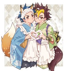  2boys animal_ears apron blonde_hair blue_hair blue_kimono border brown_hair brown_tail commentary_request cowboy_shot crossdressing crossdressing_(mtf) digimon digimon_beatbreak glasses green_kimono heart heart_hands heart_hands_duo japanese_clothes kimono maid male_focus male_maid multicolored_hair multiple_boys round_eyewear sanada_makomi souda_raito tenma_tomoro two-tone_hair wa_maid white_apron white_border 