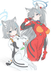  2girls absurdres alternate_costume animal_ear_fluff animal_ears ayanami_rei ayanami_rei_(cosplay) blue_archive blue_eyes blue_halo bodysuit breasts broken_halo commentary cosplay cowboy_shot cross cross_hair_ornament earrings extra_ears grey_hair hair_ornament hairpods halo highres inverted_cross jewelry large_breasts mecha_pilot_suit medium_breasts mismatched_pupils multiple_girls neon_genesis_evangelion plugsuit_(evangelion) red_bodysuit seiza shiroko_(blue_archive) shiroko_terror_(blue_archive) simple_background sitting skin_tight souryuu_asuka_langley souryuu_asuka_langley_(cosplay) symbol-only_commentary t1kosewad white_background white_bodysuit wolf_ears wolf_girl 