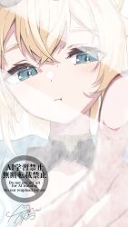  1girl absurdres blonde_hair blue_eyes closed_mouth commentary condensation highres hololive japanese_clothes kazama_iroha kazama_iroha_(1st_costume) kimono looking_at_viewer medium_hair pointing pointing_at_viewer solo u_da_desu virtual_youtuber white_kimono window_fog 