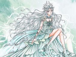  1girl absurdres anime_coloring antlers aqua_dress aqua_skin aqua_wings blue_collar blue_eyes chinese_commentary choker circlet collar colored_extremities colored_skin commentary_request detached_collar dress drop_shadow expressionless eyelashes fairy fairy_wings faux_retro_artstyle forest_ripple_(infinity_nikki) full_body fur_choker green_background green_dress highres horns infinity_nikki invisible_chair jewelry landuo941 light_particles long_hair looking_at_viewer low_wings nikki_(series) parted_lips sample_watermark sitting sleeveless sleeveless_dress solo two-tone_dress very_long_hair watermark wavy_hair white_choker white_hair wings 