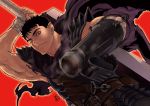  1boy armor backlighting bandages belt belt_pouch berserk black_hair cape dragonslayer_(sword) frown guts hand_on_hilt huge_weapon looking_at_viewer male multiple_belts muscle prosthesis prosthetic_arm prosthetic_weapon red_background scar short_hair solo spaulders sword torn_clothes weapon wink zonzgong 
