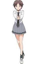  1girl aiming aiming_at_viewer anime_coloring ansatsu_kyoushitsu black_necktie black_socks brown_hair closed_mouth collared_shirt frown full_body grey_skirt gun handgun holding holding_gun holding_weapon kunugigaoka_middle_school_uniform morita_kazuaki necktie official_art okano_hinata_(ansatsu_kyoushitsu) pink_eyes school_uniform shirt shoes simple_background skirt socks solo standing tachi-e transparent_background weapon white_shirt white_shoes 