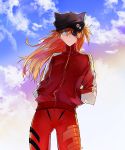  1girl animal_hat backlighting blue_eyes bodysuit cat_hat clouds evangelion:_3.0_you_can_(not)_redo expressionless eyepatch funpjinju hands_in_pockets hat long_hair multicolored_sky neon_genesis_evangelion orange_hair plugsuit rebuild_of_evangelion shikinami_asuka_langley skin_tight sky solo souryuu_asuka_langley track_jacket 