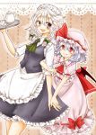  2girls apron ass bat_wings blue_eyes blue_hair braid brooch cup dress fang flandre_scarlet hat hat_ribbon interlocked_fingers jewelry maid maid_headdress maru_usagi mob_cap multiple_girls open_mouth pink_dress puffy_sleeves red_eyes remilia_scarlet ribbon shirt short_sleeves silver_hair skirt skirt_set smile tea_set teacup teapot touhou tray twin_braids vest waist_apron wings 