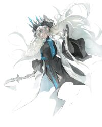  1girl absurdres black_dress black_gloves blue_eyes braid crown dress fate/grand_order fate_(series) gloves half_up_braid highres holding holding_polearm holding_weapon kanji_(nievart) long_hair morgan_le_fay_(fate) morgan_le_fay_(queen_of_winter)_(fate) polearm ponytail simple_background solo spikes two-tone_dress veil very_long_hair weapon white_hair 