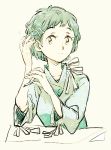  green_eyes green_hair hair_ornament hairclip persona persona_3 ribbon short_hair simple_background smile solo sutei_(giru) yamagishi_fuuka 