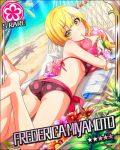  bare_back beach bikini blonde_hair blush book character_name flower green_eyes idolmaster idolmaster_cinderella_girls miyamoto_frederica short_hair stars summer tree 