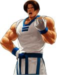  1boy brown_hair clenched_hands dougi fingerless_gloves gloves hand_on_hip kim_kaphwan king_of_fighters king_of_fighters_xii male muscle official_art ogura_eisuke short_hair sleeveless snk solo 