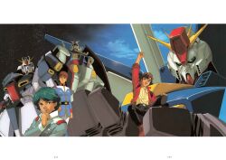  1980s_(style) 1990s_(style) 3boys absurdres aeug amuro_ray beam_cannon belt blue_hair brown_hair earth_federation gundam gundam_zz highres judau_ashta kamille_bidan kitazume_hiroyuki magazine_scan mecha military_uniform mobile_suit mobile_suit_gundam multiple_boys official_art retro_artstyle robot scan science_fiction shield traditional_media v-fin zeta_gundam 