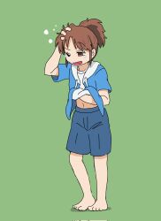  1girl 1gkfdifvvcm3mfm ;o arawi_keiichi_(style) barefoot blue_hoodie blue_shorts brown_eyes brown_hair city_(arawi_keiichi) green_background hand_up highres hood hoodie messy_hair nagumo_midori one_eye_closed open_clothes open_hoodie ponytail scratching_stomach shirt shorts waking_up white_shirt yawning 