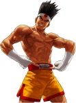  1boy abs belt_buckle brown_hair fingerless_gloves gloves grin headband joe_higashi king_of_fighters king_of_fighters_xii male muscle official_art ogura_eisuke pointing pointing_at_self shirtless shorts smile snk solo 