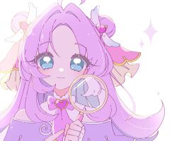  1girl akechi_anna blue_eyes brooch closed_mouth cure_answer double_bun hair_bun heart heart_brooch highres holding holding_magnifying_glass jewelry long_hair looking_at_viewer magnifying_glass mei_(meiday_mise) meitantei_precure! precure purple_hair side_up_bun smile solo sparkle white_background 