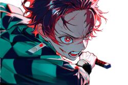  1boy black_jacket bright_pupils checkered_haori commentary_request demon_slayer_uniform earrings hanafuda_earrings haori highres holding holding_sword holding_weapon hrak_mumi jacket japanese_clothes jewelry kamado_tanjirou katana kimetsu_no_yaiba male_focus open_mouth red_eyes red_hair scar scar_on_face scar_on_forehead short_hair solo sword teeth upper_body weapon white_pupils 