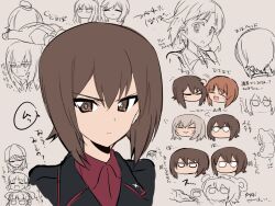  6+girls aki_(girls_und_panzer) ashiwara_yuu black_jacket boko_(girls_und_panzer) boko_(girls_und_panzer)_(cosplay) chibi closed_eyes commentary_request cosplay cross garrison_cap girls_und_panzer glaring grey_hair hat iron_cross itsumi_erika jacket kuromorimine_military_uniform looking_at_viewer mika_(girls_und_panzer) mikko_(girls_und_panzer) military_hat military_jacket multiple_girls nishizumi_maho nishizumi_miho nishizumi_shiho ooarai_military_uniform open_mouth red_shirt shimada_chiyo shirt short_hair simple_background sketch smile tulip_hat unfinished upper_body white_background 