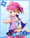  1girl :d camouflage_pants character_name idolmaster idolmaster_million_live! maihama_ayumu multicolored_hair open_mouth pink_eyes pink_hair smile solo vest 