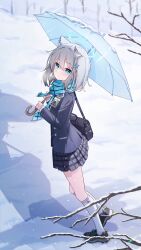 1girl :o absurdres animal_ear_fluff animal_ears bag black_bag black_shoes black_skirt blazer blue_archive blue_eyes blue_halo blue_jacket blue_necktie blue_scarf blue_umbrella blush branch commentary cross cross_hair_ornament grey_hair hair_ornament halo highres holding holding_umbrella jacket kneehighs long_sleeves looking_at_viewer mismatched_pupils necktie open_mouth plaid_clothes plaid_skirt pleated_skirt scarf school_uniform shadow shiroko_(blue_archive) shoes shoulder_bag skirt snow snowing socks solo twitter_username umbrella white_socks wolf_ears wolf_girl yuanzi_ako 