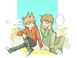  2boys animification antenna_hair black_pants black_shoes blank_speech_bubble blush brown_hair cigarette closed_eyes commentary drawstring edd_(eddsworld) eddsworld english_commentary film_grain flipped_hair flower green_hoodie green_pants green_shoes hair_behind_ear hair_ears holding holding_cigarette hood hood_down hoodie jitome kedou long_sleeves looking_at_another male_focus multiple_boys open_mouth pants red_hoodie shoes short_hair simple_background smile smoke sneakers speech_bubble swept_bangs tord_(eddsworld) yellow_flower 