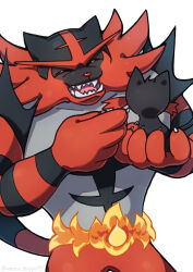  1boy claws closed_eyes commentary_request evolutionary_line fire furry furry_male highres holding holding_pokemon incineroar litten male_focus nako_(nekono_shippo75) pokemon pokemon_(creature) sharp_teeth simple_background teeth white_background 