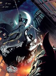  2boys absurdres animal_print animal_skull baton_(weapon) bird_skull black_bodysuit black_suit bodysuit cape checkered_cloak city_lights cityscape comic_cover cowl crescent_ornament dynamic_pose gargoyle gloves glowing glowing_eyes highres holding_baton hood hood_up hooded_cape living_clothes male_focus marvel mask moon_knight multicolored_bodysuit multiple_boys new_york_city official_art peter_parker print_bodysuit silk skyline spandex spider-man spider-man_(series) spider_print spider_web spider_web_print suit superhero_costume symbiote textless_version two-tone_bodysuit valerio_giangiordano weapon western_comics_(style) white_bodysuit white_cape white_gloves white_mask 