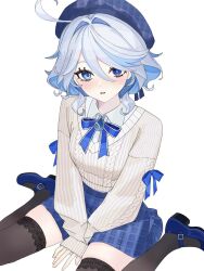  1girl ahoge alternate_costume beret black_thighhighs blue_bow blue_bowtie blue_eyes blue_gem blue_hair blue_hat blue_pupils blue_shoes blue_skirt blush bow bowtie collared_shirt commentary drop-shaped_pupils furina_(genshin_impact) gem genshin_impact hair_between_eyes hair_intakes hat heterochromia highres lace-trimmed_thighhighs lace_trim long_sleeves looking_at_viewer mary_janes mismatched_pupils multicolored_hair open_mouth rea_0523 shirt shoes short_hair simple_background sitting skindentation skirt sleeves_past_wrists solo streaked_hair sweater symbol-shaped_pupils thigh-highs wariza white_background white_shirt 