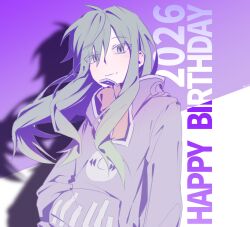  1girl 2026 closed_mouth green_hair hair_between_eyes hand_in_pocket happy_birthday hashtag-only_commentary highres hood hood_down hoodie ilun_9 kagerou_project kido_tsubomi long_hair long_sleeves looking_at_viewer purple_hoodie shadow short_hair smile solo 