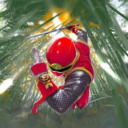  1boy arita_mitsuhiro bamboo bamboo_forest bodysuit commentary_request fishnets forest helmet highres holding holding_sword holding_weapon hurricane_red katana kuji-in male_focus midair nature ninja ninpuu_sentai_hurricanger red_bodysuit red_helmet solo sunlight super_sentai sword tokusatsu weapon 