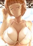  1girl bare_shoulders bikini breasts brown_eyes brown_hair bust eyebrows hair_ornament hairclip kantai_collection kozy large_breasts myoukou_(kantai_collection) short_hair smile solo swimsuit 