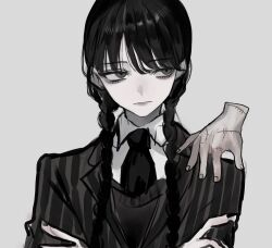  1girl akai_ringo_(eveyuno) black_eyes black_hair black_necktie braid closed_mouth collared_shirt commentary_request highres jacket long_hair looking_at_viewer necktie nevermore_academy_school_uniform school_uniform severed_hand shirt solo striped_clothes striped_jacket the_addams_family thing_(the_addams_family) twin_braids wednesday_(netflix) wednesday_addams white_shirt 