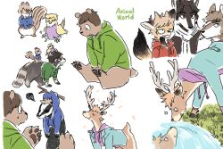  alternate_universe animal animal_focus animal_on_head animal_with_hair animalization annoyed antenna_hair antlers badger bandage_over_one_eye bear bird blonde_hair blue_hoodie blue_shirt branch brown_hair cleft_chin closed_eyes clothed_animal collared_shirt commentary deer dog edd_(eddsworld) eddsworld eduardo_(eddsworld) english_text everyone flipped_hair fox grass green_hoodie green_jacket green_shirt grin hair_ears hand_up hanging hollow_eyes hood hood_up hoodie horns jacket jitome jon_(eddsworld) keep_(dmswls6145) looking_at_another mark_(eddsworld) matt_(eddsworld) multiple_views no_humans on_head open_clothes open_jacket open_mouth orange_hair patryck_(eddsworld) paul_(eddsworld) pawpads purple_hoodie purple_sweater raccoon red_hoodie riding riding_animal shirt short_hair simple_background sitting size_difference smile smoking spiky_hair squirrel standing sweater swept_bangs thick_eyebrows tom_(eddsworld) tord_(eddsworld) water white_background wolf 