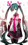  1girl copyright_name detached_sleeves etoranze green_hair hatsune_miku long_hair necktie paper pink_eyes skirt solo thighhighs twintails very_long_hair vocaloid white_background 