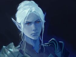  1girl absurdres armor baldur's_gate baldur's_gate_3 black_background closed_mouth colored_skin commentary dark_elf dungeons_&amp;_dragons elf english_commentary grey_skin hair_bun highres kanaewit minthara neck_tattoo pauldrons pointy_ears red_eyes short_hair shoulder_armor single_hair_bun solo tattoo twitter_username upper_body white_hair 