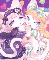  2girls alice_(cat_busters) animal_ears apron balloon black_dress black_wings blonde_hair blunt_bangs bow cat_busters cat_ears cat_girl cat_tail commentary_request dress furry furry_female gothic_lolita green_bow green_dress hair_bow hairband heart_balloon heart_tail_duo holding_hands lolita_fashion lolita_hairband long_hair looking_at_viewer multiple_girls persephone_(cat_busters) pink_hair pyon_ko star_balloon striped_clothes striped_dress sweet_lolita tail tongue tongue_out white_apron wings 