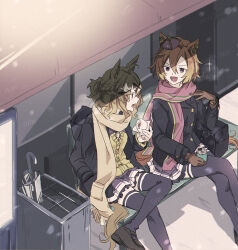  2girls ahoge animal_ears bench blue_coat braid breasts brown_gloves brown_hair can coat commentary_request crossed_legs crown domdam80 ear_ornament food gloves hair_between_eyes hair_ornament hairclip half_up_braid half_up_half_down_braid hand_in_pocket holding holding_can holding_food horse_ears horse_girl horse_tail jacket jewelry jungle_pocket_(umamusume) long_sleeves medium_hair mini_crown multiple_girls notched_ear on_bench open_mouth orange_hair orange_tail pink_crown pink_scarf purple_serafuku purple_skirt purple_thighhighs scarf school_uniform serafuku shirt shoes short_hair sitting skirt smile steamed_bun sweater_vest t.m._opera_o_(umamusume) tail thigh-highs tracen_school_uniform tracen_winter_coat umamusume umbrella umbrella_stand violet_eyes white_scarf winter_clothes winter_coat winter_uniform yellow_sweater_vest 