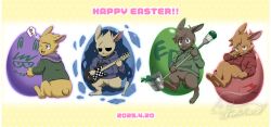  4boys :d absurdres ahoge antenna_hair bass_guitar black_eyes blonde_hair blue_hoodie bright_pupils brown_hair carrot commentary_request dated easter easter_egg eating edd_(eddsworld) eddsworld egg english_text furrification furry furry_male green_hoodie green_jacket happy_easter heart highres holding holding_bass_guitar holding_instrument holding_paintbrush hollow_eyes hood hood_down hoodie instrument jacket kashimiato looking_at_viewer male_focus matt_(eddsworld) multiple_boys one_eye_closed oversized_object paint_can paintbrush partial_commentary purple_hoodie rabbit_boy rabbit_tail red_army_logo_(eddsworld) red_hoodie short_hair sitting smile spiky_hair spoken_heart tail tom_(eddsworld) tord_(eddsworld) watermark white_pupils yellow_fur 