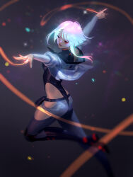  1girl absurdres black_boots blunt_bangs boots breasts closed_eyes clothing_cutout cropped_jacket cyberpunk:_edgerunners cyberpunk_(series) eyeliner foot_out_of_frame grey_pants highres jacket jiunn_kuo lucy_(cyberpunk) makeup medium_breasts midriff multicolored_hair outstretched_arms pants parted_bangs parted_lips rainbow_hair red_eyeliner red_lips short_hair single_sidelock solo thigh_cutout white_jacket 