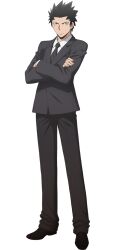  1boy anime_coloring ansatsu_kyoushitsu black_hair black_jacket black_necktie black_pants black_shoes closed_mouth collared_shirt crossed_arms frown full_body jacket karasuma_tadaomi morita_kazuaki necktie official_art pants shirt shoes simple_background solo standing tachi-e transparent_background white_shirt 