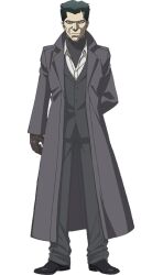  1boy anime_coloring ansatsu_kyoushitsu black_hair black_pants black_shoes blazer brown_eyes brown_gloves closed_mouth coat full_body gloves jacket lovro_brovski male_focus morita_kazuaki official_art pants shoes simple_background solo standing tachi-e transparent_background trench_coat turtleneck 