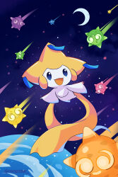  :d absurdres blue_eyes commentary crescent_moon flying happy highres jirachi minior moon motion_blur no_humans open_mouth pokemon pokemon_(creature) pokemon_focus reapster_(tdwg3572) smile 