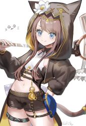  1girl absurdres animal_ear_hood animal_ears animal_hood arknights artist_name black_shorts blue_eyes brown_hair brown_tail cat_ears cat_girl cat_hood cat_tail commentary_request ears_under_headwear flower gold hammer highres holding holding_hammer holding_weapon hood hood_up hooded_jacket horobu infection_monitor_(arknights) jacket long_hair looking_at_viewer navel o-ring o-ring_thigh_strap pepe_(arknights) shirt short_shorts shorts simple_background sleeveless sleeveless_shirt smile solo tail tail_ornament thigh_strap weapon white_background white_flower 