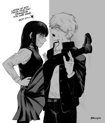  1boy 1girl absurdres blush chainsaw_man commentary cross_scar denji_(chainsaw_man) dress english_text foot_kabedon fourth_east_high_school_uniform gakuran greyscale hetero highres jacket kabedon masoq monochrome open_clothes open_jacket open_mouth pleated_dress ringed_eyes scar scar_on_cheek scar_on_face school_uniform sharp_teeth smile sweat teeth twitter_username yoru_(chainsaw_man) 