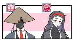  1boy 1girl aeng-du_(project_moon) bamboo-hatted_kim black_coat black_hair black_jacket black_kimono black_shirt black_skin black_suit blue_eyes coat collarbone collared_shirt colored_skin commentary emoji glowing glowing_eyes hairband hat heart heart-shaped_pupils highres jacket japanese_clothes jingasa kimono limbus_company long_hair necktie out_of_character project_moon red_hairband red_necktie reference_inset shirt shoggoth_(sirens20211) suit suit_jacket symbol-shaped_pupils tongue tongue_out torn_clothes torn_hat turtleneck turtleneck_shirt white_shir white_shirt white_trim 