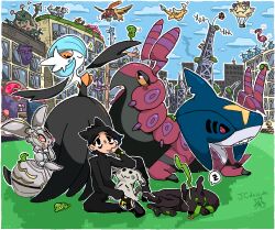  1boy 2girls :> :o aircraft alpha_pokemon alternate_color arms_up artist_name bags_under_eyes beanie bellsprout black_dress black_eyes black_gloves black_hair black_hat black_pants black_sclera black_shoes blue_hair blue_sky blush blush_stickers bob_cut border bright_pupils closed_eyes closed_mouth clouds colored_sclera colored_skin commentary day dragonair dragonite dress eevee ekans elbow_gloves english_commentary everyone eye_contact flamigo flat_chest foongus full_body garbodor gengar gloves grass grey_skin hair_over_one_eye half-closed_eyes hand_on_own_cheek hand_on_own_face hand_to_own_mouth hand_up happy hat holding holding_poke_ball hot_air_balloon humanoid_robot in-universe_location jaggy_lines jcdaisuki knee_up litwick long_dress looking_at_another looking_down looking_up machamp magearna magikarp mankey mega_dragonite meowth mimikyu multiple_girls on_ground one_eye_closed one_eye_covered open_mouth orange_eyes original outdoors outline outstretched_arms pants partially_fingerless_gloves pidgeot pikachu pink_eyes pink_sclera poke_ball pokemon pokemon_(anime) pokemon_(creature) pokemon_center pokemon_legends:_z-a pokemon_team prism_tower ralts rayquaza red_eyes robot scolipede sharp_teeth sharpedo shiny_pokemon shirt shoes short_hair signature single_glove sitting sky sleeping slowbro slowpoke smile snorunt strapless strapless_dress swablu teeth tongue tongue_out trubbish turtleneck turtleneck_shirt ultra_ball white_border white_outline white_pupils yellow_sclera zygarde zygarde_(10) zygarde_cell zzz 