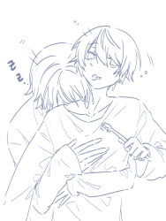  2boys brushing_teeth commentary_request head_on_another's_shoulder highres holding holding_toothbrush hug hug_from_behind kamishiro_rui kamiyama_high_school_uniform_(project_sekai) lineart male_focus monochrome multiple_boys project_sekai school_uniform short_hair sketch tenma_tsukasa toothbrush user_tgjk4884 white_background zzz 