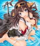  1girl bare_shoulders blush breasts brown_hair cleavage detached_sleeves double_bun fang grey_eyes hair_ornament hairband headgear japanese_clothes kantai_collection kongou_(kantai_collection) long_hair miko open_mouth pastel_(medium) personification sitting skirt solo tatara_kaeru torn_clothes traditional_media wariza water wide_sleeves 