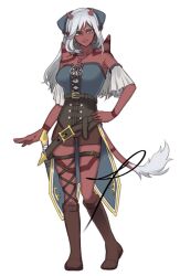  1girl apio_chama blue_eyes blue_shirt body_markings boots breasts brown_boots brown_shorts colored_skin commentary_request dark-skinned_female dark_skin detached_sleeves dragon_quest dragon_quest_x earrings full_body hand_on_own_hip hoop_earrings horns jewelry large_breasts light_smile looking_at_viewer necklace ogre_(dq10) pointy_ears red_skin shirt shorts shoulder_spikes solo spikes thigh_strap white_background white_hair white_sleeves 