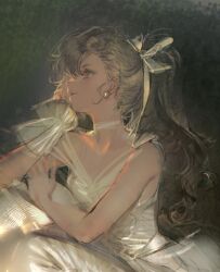  1girl bare_shoulders breasts brown_eyes brown_hair choker closed_mouth commentary dress earrings from_side grey_background hair_between_eyes hair_ribbon head_rest highres jewelry long_hair looking_ahead original ponytail quuni ribbon simple_background single_wrist_cuff sketch small_breasts solo sphere_earrings symbol-only_commentary unfinished upper_body white_choker white_dress white_ribbon white_wrist_cuffs wrist_cuffs 