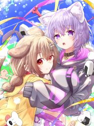  2girls absurdres animal_ears black_collar black_hoodie bone_hair_ornament braid brown_eyes brown_hair cat_ears cat_girl closed_mouth collar commentary dog_ears dog_girl hair_ornament highres hololive hood hoodie hug inugami_korone inugami_korone_(1st_costume) jacket looking_at_viewer medium_hair multiple_girls nekomata_okayu nekomata_okayu_(1st_costume) onigirya_(nekomata_okayu) open_mouth outdoors pants purple_hair smile twin_braids u_da_desu violet_eyes virtual_youtuber white_pants yellow_jacket 