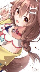  1girl absurdres animal_ears bone_hair_ornament brown_eyes brown_hair claw_pose collar commentary dog_ears dog_girl dog_tail dress hair_ornament highres hololive inugami_korone inugami_korone_(1st_costume) jacket looking_at_viewer open_mouth red_collar smile solo tail u_da_desu virtual_youtuber white_background white_dress yellow_jacket 