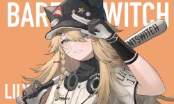  1girl absurdres alternate_costume animal_ear_headwear bandaid bandaid_on_face baseball_bat baseball_cap black_gloves blonde_hair blue_eyes braid braided_sidelock character_name chinese_commentary commentary_request english_text gloves grin hair_between_eyes hands_up hat highres holding holding_baseball_bat jiaolu_chongzu lilya_(reverse:1999) long_hair looking_at_viewer orange_background over_shoulder portrait reverse:1999 salute shirt short_sleeves smile solo teeth two-finger_salute weapon weapon_over_shoulder white_shirt 